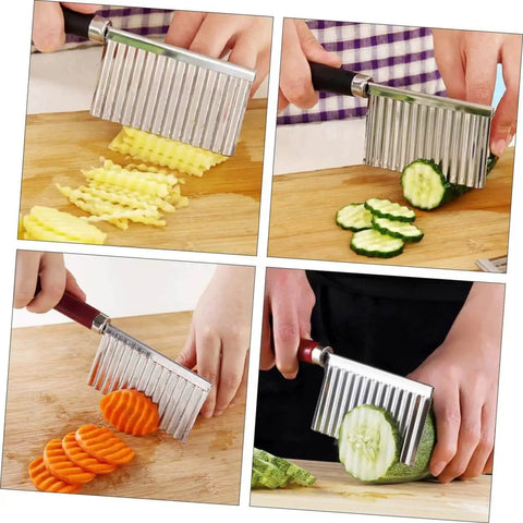 2 Pack Wavy Potato Cutter Set Showeroro with ergonomic handles slicing various vegetables into crinkle and wave cuts