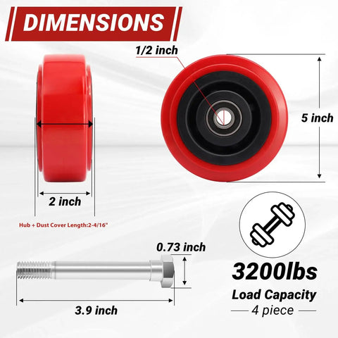 5 Inch By 2 Inch Caster Wheels With Polyurethane On Polyolefin Core, Double Ball Bearing, Dust Cover, Heavy Duty Replacement