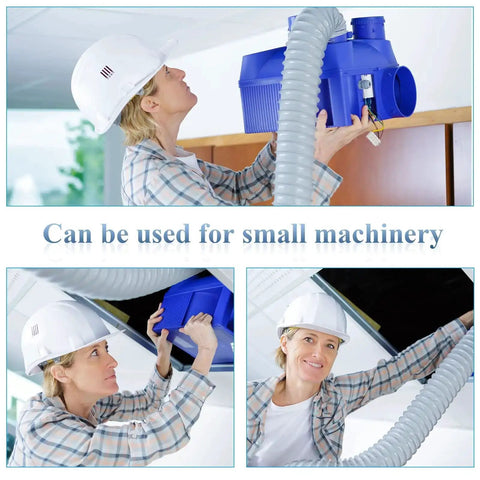 Worker installing Heavy Duty Dust Collection Hose 2.5 Inch By 10 Ft Flexible Clear PVC Fume Hose With Clamp on small machinery