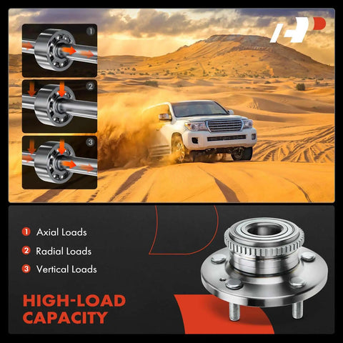High-load capacity rear wheel bearing and hub assembly with ABS ring for Hyundai Santa Fe 2001-2006, 5-lug, direct fit, FWD.