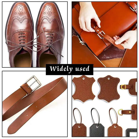 10 Pack Leather Hole Punch Set showing its use on shoes, belts, and leather tags; ideal for leather crafting projects.