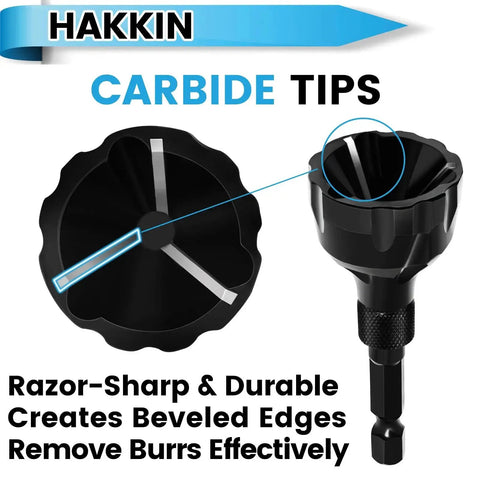 Versatile Hex Shank Deburring Tool With Carbide Blade Hakkin Pro Grade 2 Pack External Chamfer Drill Bit Set Quick Release For Deburring Chamfering Damaged Bolts Screws And Fasteners Fits One Eighth To Three Quarter Inch 3 To 20 Mm close-up view showing carbide tips