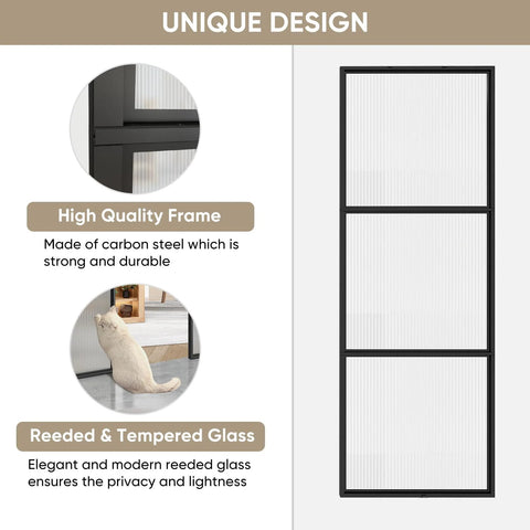 Two In One Double Barn Door Set 60 Inch By 84 Inch With 10 Ft Hardware Kit And Soft Close Reeded Glass Carbon Steel Frame