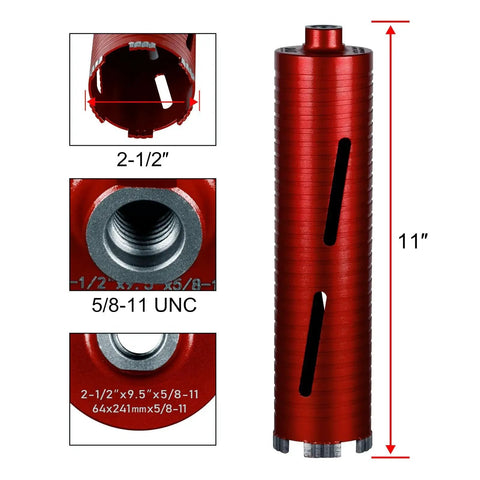 Diamond Core Drill Bits by SALI 2 1/2 Inch Diameter, heavy-duty turbo laser welded, 10 inch depth, 5/8-11 thread, red.