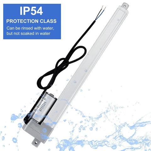Heavy Duty 12V Linear Actuator With 16 Inch Stroke, 66 Lb Load Capacity, IP54 Rated, showing aluminum alloy body and wires.