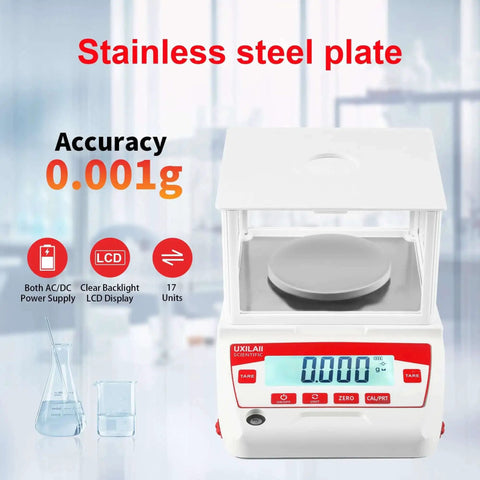 Analytical Balance 100g x 0.001g Precision Lab Scale With RS232 LCD Display Windshield in chemistry lab setting