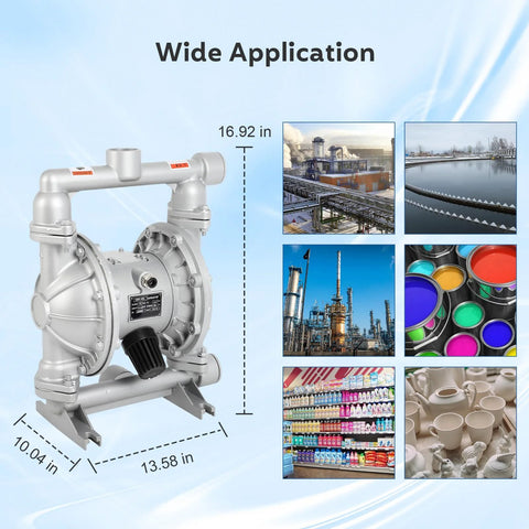 Air-operated double diaphragm pump, gray metal body, 1/2 in outlet; industrial use.