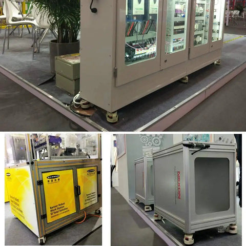 Four Piece Leveling Casters For Workbenches With Nylon Wheels And Rubber Feet Retractable Caster Set installed on machinery.