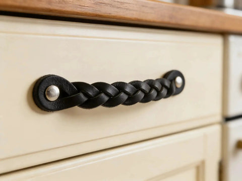 Braided Leather Drawer Pulls Set In Black Six And A Half Inch Length By One Inch Width on cream cabinet for industrial charm