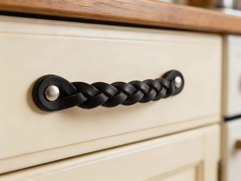 Braided Black Leather Drawer Pulls Set Four Pack Six And A Half Inch Length Leather Handles for cabinets and dressers installed