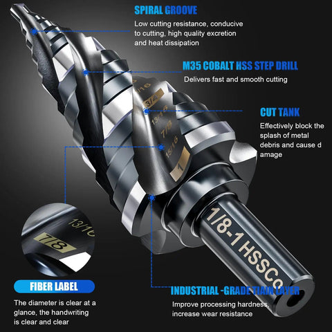 M35 Pro Grade Cobalt Step Drill Bit Set With Four Spiral Flute Nine Sizes From One Eighth To One Inch Three Eighths Inch Shank Heavy Duty Impact Resistant For Stainless Steel Wood Aluminum Plastic close-up showing spiral groove and labels.