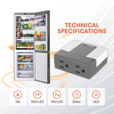 Two Outlet Wall Tap Surge Protector With Ground Protection Indicator Lights for fridge and washer, shown next to open fridge.