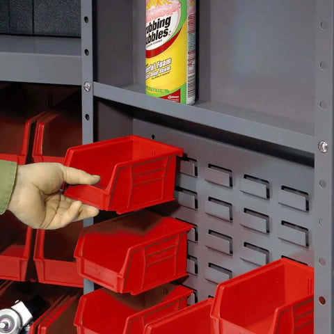 Close-up of Deep Door Bin Cabinet With 68 Red Plastic Bins Padlockable Steel Cabinet For Tool And Parts Storage, showing red bins and shelves.