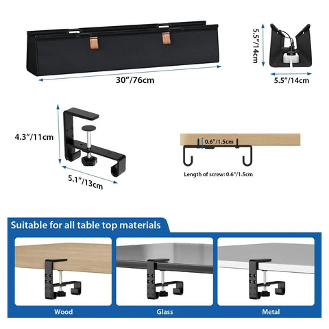 Diagram of No Drill Under Desk Cable Management Tray 30 Inch Cord Organizer with dimensions, table clamp, screw mount and various table fits