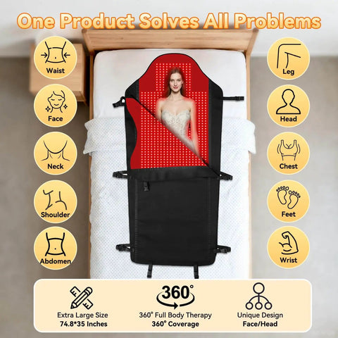 Full Body Red Light Therapy Mat With 2704 LEDs Dual Wavelength 660nm And 850nm on bed for pain relief and wellness.