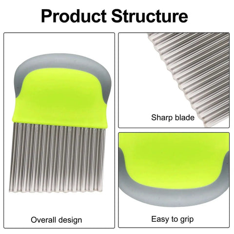 2 Pack Crinkle Cutter For Veggies And Potatoes Wavy Slicer Chopper Stainless Steel French Fry Cutter For Potatoes Carrots Cucumbers Multipurpose Veggie Cutting Tool Great For Fries Waffle Fries Chips And Creative Healthy Meals In Green close-up showing product structure with sharp stainless steel blade and green handle for easy grip