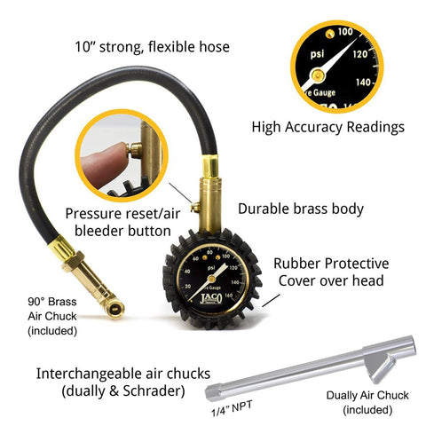 JACO EliteProPlus tire pressure gauge with 10in flexible hose and brass body, 160 PSI, dually air chuck