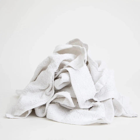 Pile of heavy duty white terry cloth rags for cleaning, absorbent quick dry bar mops, washable cotton blend wipes, 5 lb pack