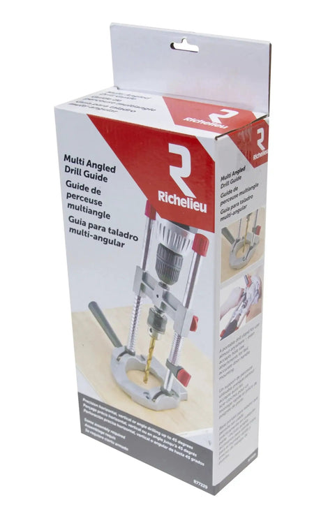 Packaging of Multi Angled Drill Guide Attachment For On Site Drilling And Woodworking For One Quarter Inch And Three Eighths Inch Drills