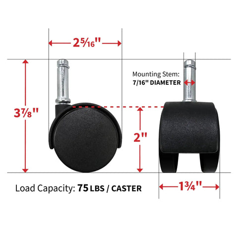Dimensions of Heavy Duty 2 Inch Twin Wheel Office Chair Casters Shepherd Hardware with Seven Sixteenth Inch Stem Diameter.