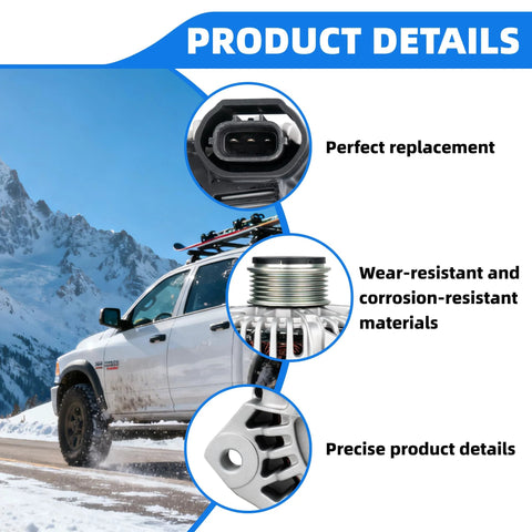 Truck driving on snowy road with inserts showing alternator details; focus on Beefy 110 Amp 12V Alternator Replacement Direct Fit.