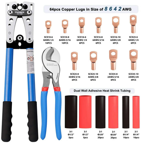 No Fuss Battery Lug Crimping Tool For AWG 10 To 1 0 Wire With Built In Cable Cutter Plus 64 Ring Terminals And 70 Heat Shrink Tubes Kit By Tivorex Ready For Any Jobsite, showing crimping tool, copper lugs, and heat shrink tubing.