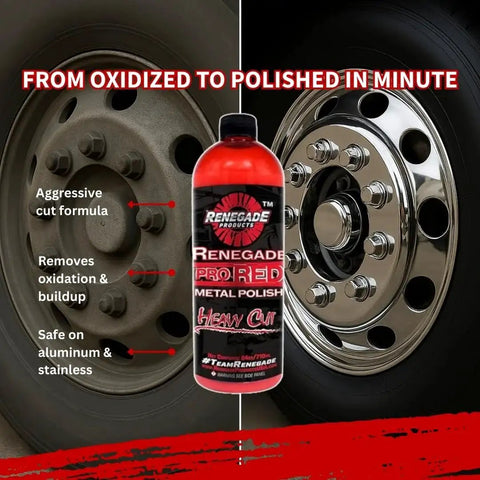 Comparison of oxidized and polished metal wheel using Pro Red Liquid Metal Polish Kit With One Eighth Inch Shanks For Foam Cones.