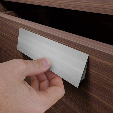Installing self-adhesive edge fingerpull door handle on wood drawer, screwless peel and stick installation, ideal for sliding doors, 2 pack.