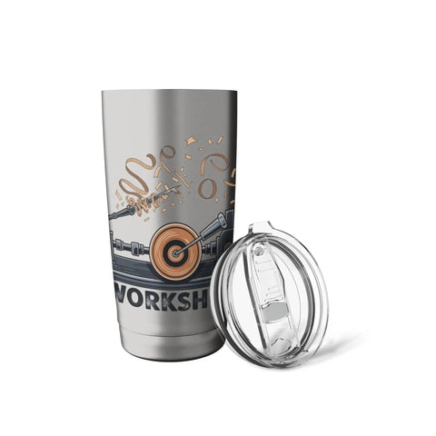 Woodturner Inspired Stainless Steel Insulated Tumbler For Lathe Work Lovers And Makers Keeps Beverages Hot Or Cold With Dual Wall Design For Woodturning Hobbyists And Craftsmen In The Workshop, shown with air-tight lid
