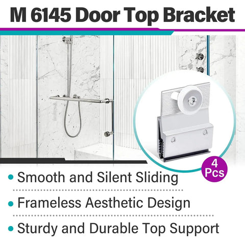Four Pack M6145 Top Bracket Roller Assembly For Frameless Sliding Glass Shower Doors Fits Three Sixteenth Inch Thick Panels With Three Quarter Inch Plastic Wheel And Ball Bearings In Aluminum Chrome Finish Replacement