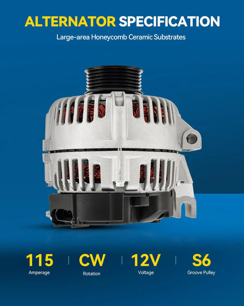 Front view of Premium 115Amp 12V Alternator Replacement for Chevy Malibu 2004 2006 and 2008 2009 3.5L V6, CW S6 Pulley