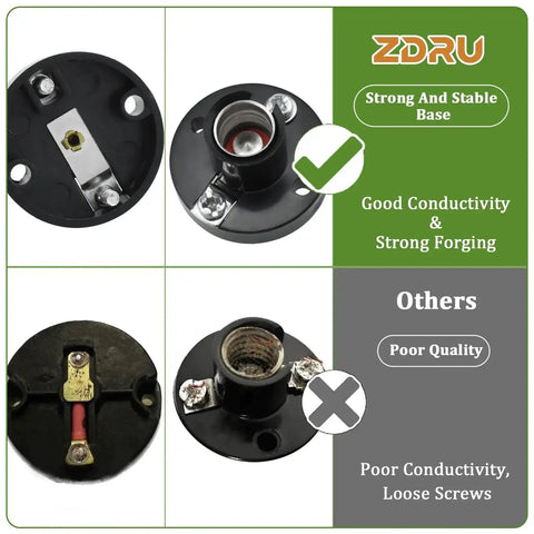 Comparison of E10 mini bulb holders; one with strong forging and conductivity, and another with poor quality and loose screws.
