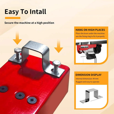 Close-up of BTMPYLYT electric hoist winch base in red with silver mounting bracket and bolts