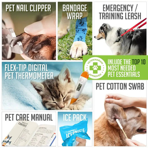 Collage of Pet Medic First Aid Kit with 95-piece vet-approved medical supplies for dogs and cats, includes nail clipper, bandage, and more.