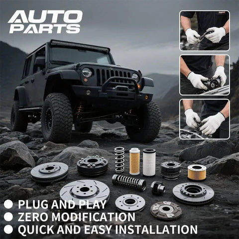 Off-road vehicle with auto parts including filters and bearings, labeled for plug-and-play installation on rocky terrain.