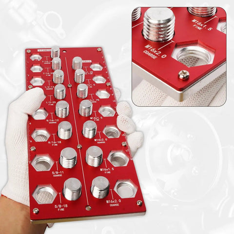 Thread Checker Nut And Bolt Size Gauge For Quick ID Of 38 Thread Sizes In Metric And Imperial With Red Handle Covers M3x0.5 To M16x2.0 And No 2-56 To 5/8-18 Fine held in a gloved hand showing different thread sizes.