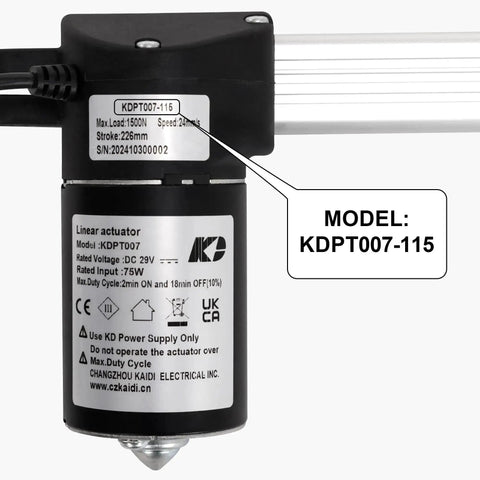 Close-up of Recliner Motor Actuator Replacement Kit For Lift Chair And Couch Systems KDPT007-115, showing 226mm stroke and specifications.