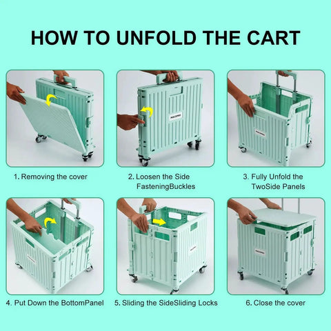 Step-by-step guide for unfolding the Foldable Utility Cart With Lid And Four 360 Degree Wheels Portable Handcart Green Macopro.
