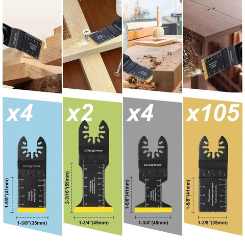 Titanium Plated Oscillating Saw Blades Kit For Metal Wood And Plastic 115 Piece Multitool Blades Set Built For Speed And Tough Cuts Compatible With Dewalt Milwaukee Ryobi Fein Dremel Bosch Rockwell Makita Porter Cable By Diagtree showing blade types and sizes.