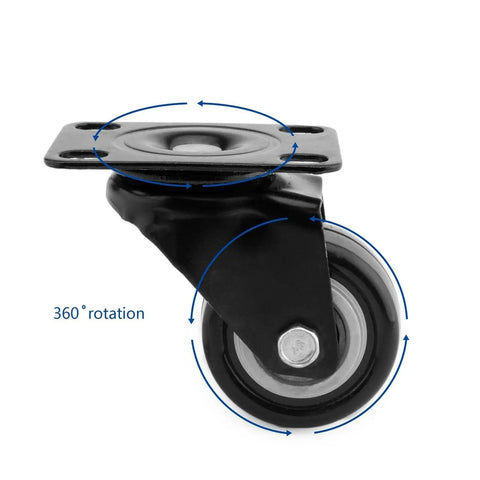 Heavy Duty 4 Pack 1.5 Inch Polyurethane Caster with Top Plate showing 360 degree rotation and swivel mechanism for furniture and displays.