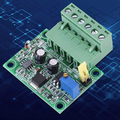 PWM To Voltage Converter Module For 0 To 10V Output, green circuit board with terminal connectors, for CNC and hobby projects.