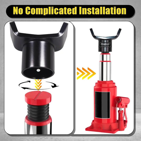 Beefy Heavy Duty Bottle Jack Adapter For 12 Ton And 20 Ton Jacks, shown in installation process on transmission jack.