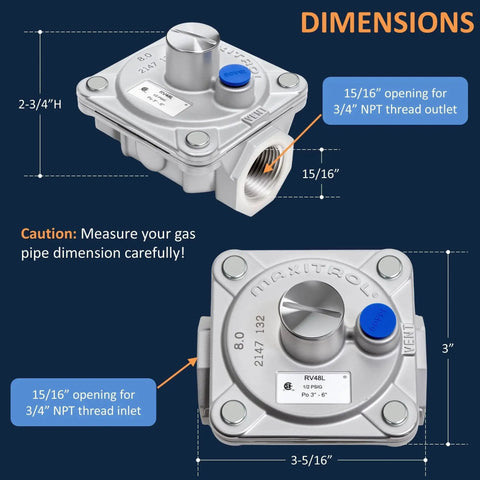 RV48L Natural Gas Regulator dimensions with 3/4 NPT inlet and 15/16 outlet, CSA certified, easy to install for Awoco gas ranges.