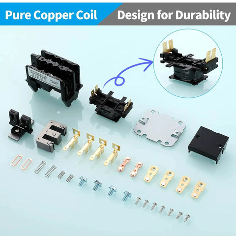24 VAC 2-Pole 40 Amp HVAC Contactor components including silver alloy contacts and pure copper coil.