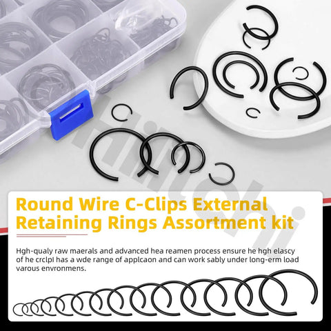 Assorted Grab-N-Go Must-Have 322Pcs 14 Size 65Mn Steel Round Wire Snap Rings Kit External Retaining C Clips M7-M30