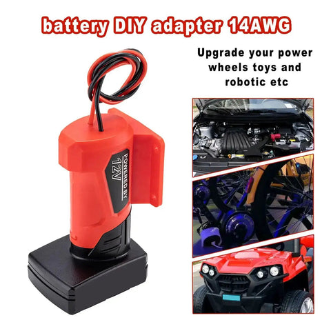 Power Battery Adapter Wheel For 12V M12 Battery With 14 Gauge Connector shown with DIY RC cars and robotic projects
