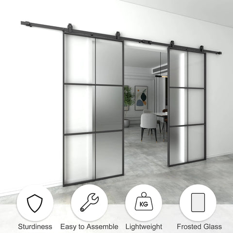 72 By 84 Inch Double Glass Barn Door with Frosted Glass and Black Aluminum Frame Sliding Door Hardware Kit Installed