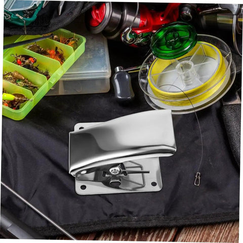 Stainless Steel Fish Cleaning Clamp Five Pack Multi Use Tail Stabilizer Tool with Deep Mouth Design on a fishing toolkit background