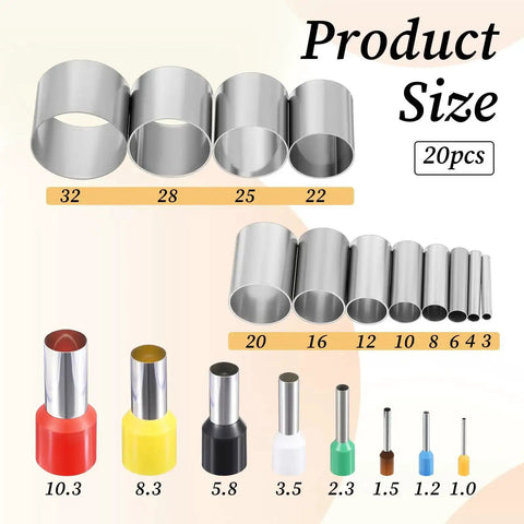 Twenty Piece Circle Clay Cutter Set With Stainless Steel Ring Molds for ceramic, polymer clay, dough, sizes 1 to 32 mm shown