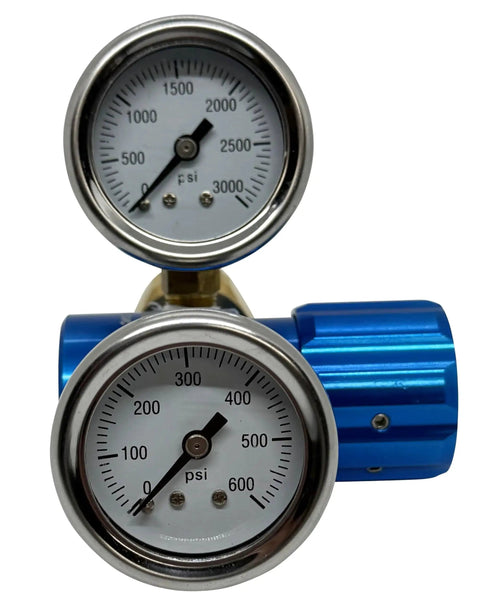 High Flow Argon Regulator For Welding From Zero To Four Hundred PSI With Forty Five CFM, Lightweight Billet Aluminum Blue Anodized Finish, Dual Chrome Gauges